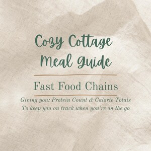 May include: A beige background with the text "Cozy Cottage Meal Guide" in a script font. Below, the text "Fast Food Chains" is in a serif font. Additional text provides protein and calorie information for fast food.