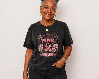Camiseta de concienciación sobre el cáncer de mama, Camiseta "En octubre vestimos de rosa", Camiseta con lazo rosa, Regalo de apoyo para supervivientes, Camiseta de octubre