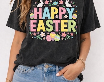 Happy Easter Bunny Graphic Tee, Pastel Spring Holiday Shirt, Family Outfit