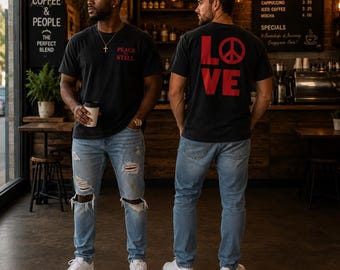 Camiseta cristiana "Paz, cálmate" / Estampado en la espalda con el símbolo de la paz y el amor / Camiseta unisex con estampado gráfico de fe / Camiseta con versículo bíblico inspirador