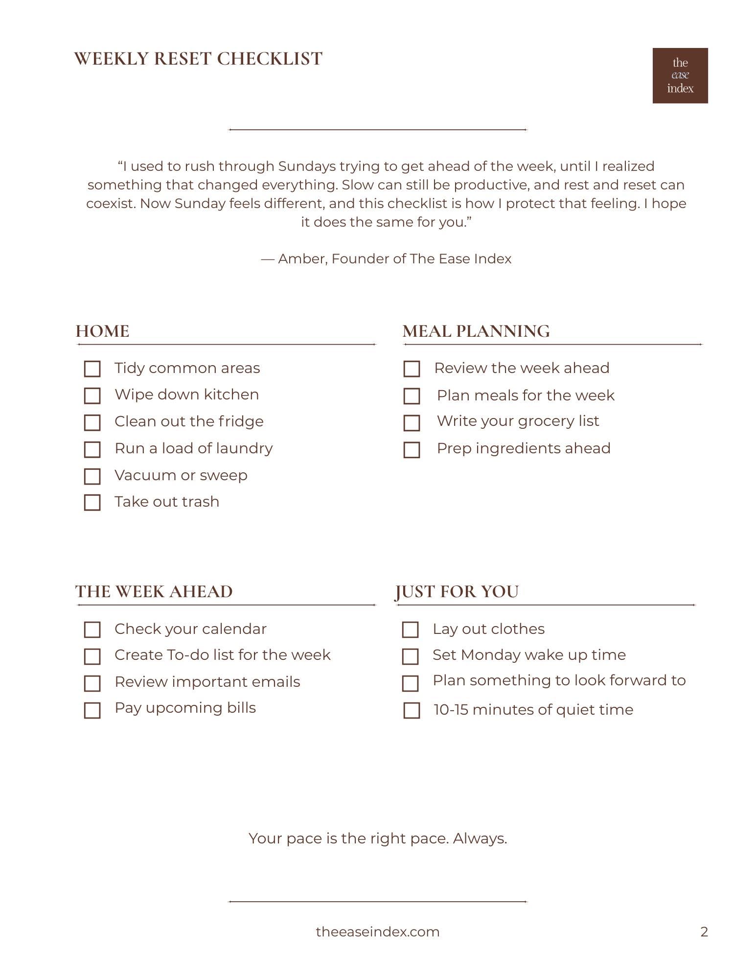 Weekly Reset Checklist Printable | Sunday Reset Routine | Home + Meal ...