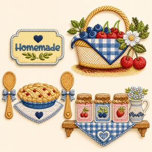 Puede incluir: Ilustración bordada con una cesta de arándanos y cerezas, una tarta, cucharas de madera, tarros de mermelada y un letrero que dice "Homemade". Los colores son azul, amarillo y rojo.