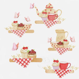 Teapot and Cup Kitchen Embroidery Designs – 5 Light Stitch Patterns – 3 Sizes – Easy to Stitch