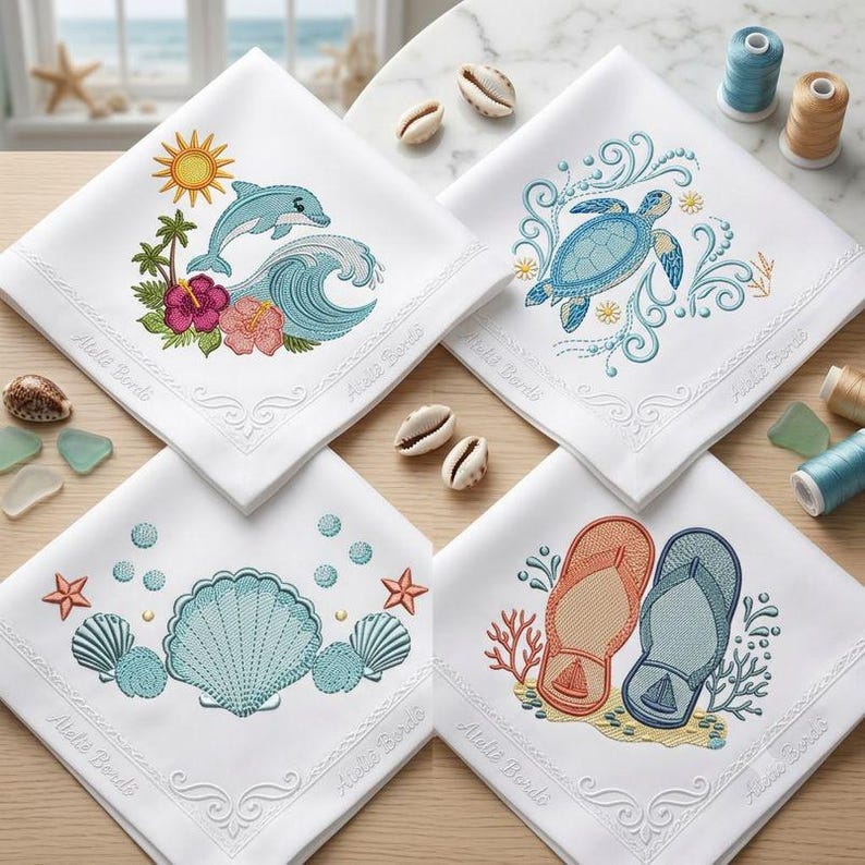 20 Coastal Embroidery Designs Beach Ocean Turtle Dolphin Seahorse ...