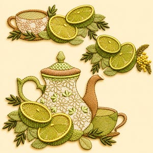 Lemon Tea Embroidery Designs – Teapot, Cup, Kitchen Linens (Instant Download)