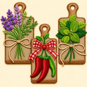 Könnte beinhalten: Drei rechteckige Wandbehänge aus beigem Stoff in Form von Schneidebrettern mit Stickereien. Eines zeigt lila Lavendel, eines grüne Minzblätter und eines rote und grüne Chilischoten mit einer rot-weiß karierten Schleife.