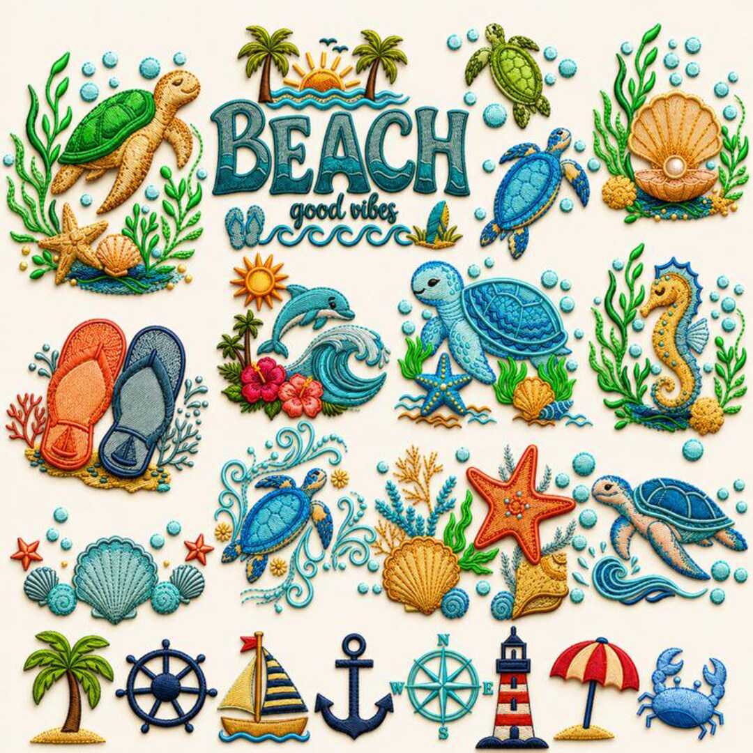 20 Coastal Embroidery Designs Beach Ocean Turtle Dolphin Seahorse ...