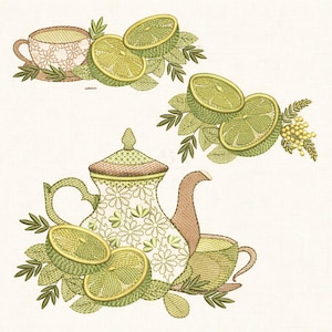 May include: Embroidered design featuring a teapot, teacup, and sliced limes with leaves. The teapot and teacup have floral patterns. The limes are green and yellow. The design is on a cream-colored background.