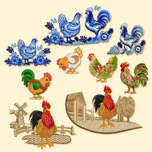 May include: A collection of embroidered patches featuring various roosters and hens in blue, green, red, and gold tones. Some designs include floral accents, a windmill, a farm fence, and a barn, showcasing detailed stitching and vibrant thread colors.