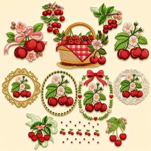 12 Cherry Farmhouse Embroidery Designs Bundle for Kitchen Towels, Rustic Fruit Machine Embroidery Files