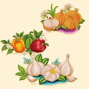 3 Kitchen Embroidery Designs Vegetables Onion Garlic Peppers for Dish Towels Towels