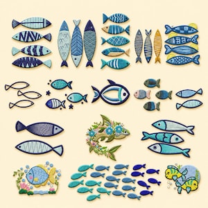 May include: A collection of embroidered fish patches in various shades of blue, teal, and yellow. The set includes individual fish, schools of fish, and a floral-adorned fish design, all featuring detailed stitching and diverse geometric patterns.