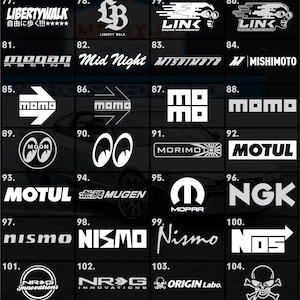 May include: A selection of automotive brand logos in white against a black backdrop. Logos include "LB WORKS", "Liberty Walk", "LINK", "MISHIMOTO", "MOMO", "MOTUL", "NGK", "NISMO", "MOPAR", "NOS", "NRG Innovations", "ORIGIN Labo", "OPT7", "RaceQuip", and "MUGEN".