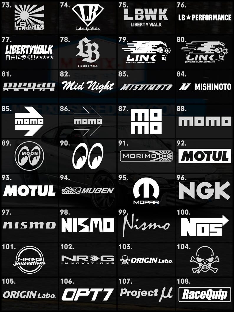 May include: A selection of automotive brand logos in white against a black backdrop. Logos include "LB WORKS", "Liberty Walk", "LINK", "MISHIMOTO", "MOMO", "MOTUL", "NGK", "NISMO", "MOPAR", "NOS", "NRG Innovations", "ORIGIN Labo", "OPT7", "RaceQuip", and "MUGEN".