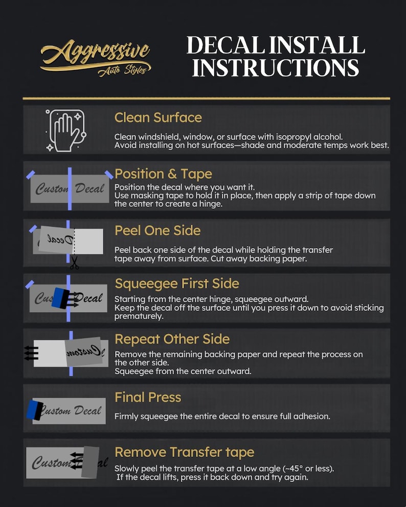May include: A black and gold guide detailing decal installation instructions. The guide, titled "DECAL INSTALL INSTRUCTIONS," outlines steps such as cleaning the surface, positioning and taping, peeling one side, squeegeeing, and removing the transfer tape.