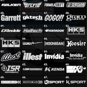 May include: A selection of white automotive brand logos displayed on a black backdrop. Logos include "Enkei", "Exedy", "Falken", "Fly Motorsports", "Formula Drift", "Garrett", "GReddy", "Haltech", "HKS", "Hoosier", "Invidia", "ISR Performance", "Kenda", "Koyorad", "K Sport", and "King Off-Road Racing Shocks".