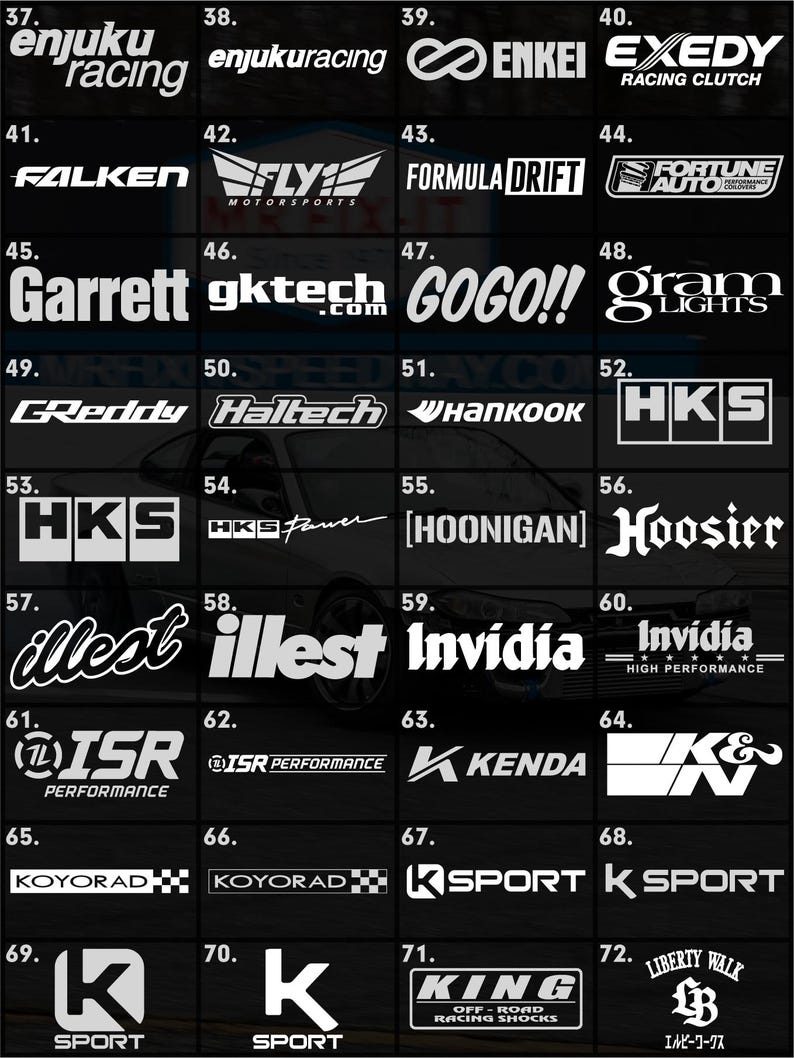 May include: A selection of white automotive brand logos displayed on a black backdrop. Logos include "Enkei", "Exedy", "Falken", "Fly Motorsports", "Formula Drift", "Garrett", "GReddy", "Haltech", "HKS", "Hoosier", "Invidia", "ISR Performance", "Kenda", "Koyorad", "K Sport", and "King Off-Road Racing Shocks".