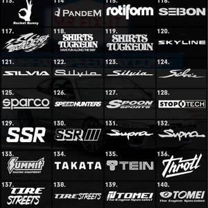 May include: A collection of white logos and text on a black backdrop. Logos include "RAYS", "RECARO", "Rocket Bunny", "PANDEM", "rotiform", "SEIBON", "SHIRTS TUCKEDIN", "SKYLINE", "SILVIA", "sparco", "SPEEDHUNTERS", "SPOON", "STOPTECH", "SSR", "Supra", "SUMMIT", "TAKATA", "TEIN", "Throttle", "TIRE STREETS", "TOMEI", "TOYO TIRES", "TYPE R", and "VERTEX".