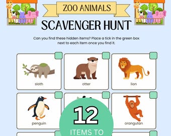Búsqueda del tesoro en el zoológico para imprimir, actividad infantil en el zoológico, búsqueda del tesoro de animales, juego infantil para ir al zoológico, actividad al aire libre para niños, búsqueda del tesoro fotográfica