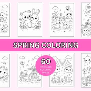 May include: A collection of 8 black and white spring-themed coloring pages. The pages feature various illustrations, including flowers, animals, and scenes with text that reads "SPRING COLORING" and "60 PRINTABLE COLORING PAGES".
