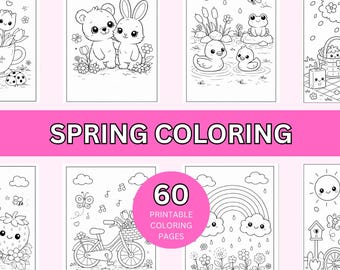 Dibujos para colorear de primavera para niños, 60 láminas para colorear imprimibles, dibujos para colorear para niños pequeños, paquete de actividades preescolares, dibujos para colorear de Pascua, PDF