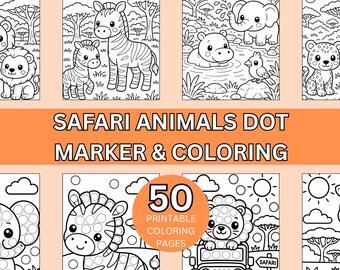 Safari Animals Coloring Pages Bundle, Dot Marker Coloring Pages, 50 Printable Animal Coloring Sheets, Toddler and Kids Activity, A4 Size PDF