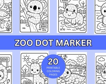 Dibujos para colorear de animales del zoológico con marcadores de puntos, 20 hojas imprimibles para colorear con puntos, actividad para niños pequeños, marcador de bingo preescolar, libro de actividades para niños pequeños
