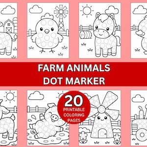 Farm Animal Dot Marker Coloring Pages, 20 Printable Do A Dot Sheets for Toddlers, Farm Animals Bingo Dauber Activity, Preschool Printable A4