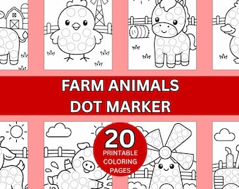 Páginas para colorear de animales de granja con marcadores de puntos, 20 hojas imprimibles para colorear con puntos para niños pequeños, actividad de bingo de animales de granja con marcadores, imprimible para preescolar en formato A4.