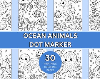 Dibujos para colorear con marcadores de puntos del océano para niños, 30 páginas de actividades con marcadores de animales marinos, páginas para colorear del océano para niños, imprimibles de puntos para niños pequeños