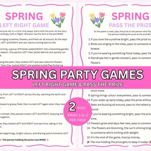 Pode incluir: Jogos de festa de primavera imprimíveis com "Jogo Esquerda Direita" e "Passa o Prémio". Os cartões rosa e branco apresentam gráficos florais e instruções para cada jogo. O texto inclui frases como "A primavera chegou" e "As flores estão a florescer".