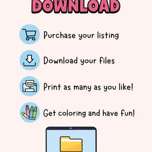 May include: A pink background with the text "HOW TO DOWNLOAD" in pink and black. Instructions include purchasing, downloading, printing, and coloring. A laptop with a folder icon is shown. The text "Thanks for supporting my small business!" is at the bottom.