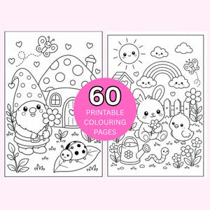 May include: Black and white printable coloring pages featuring whimsical illustrations. One page shows a gnome with a flower, a mushroom house, and a ladybug. The other page has a bunny, chick, rainbow, and smiling sun. The text says "60 Printable Coloring Pages".