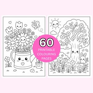 May include: Two black and white coloring pages with cute illustrations. One page features flowers in a watering can, the other a tree and bunny. A pink circle in the center reads "60 Printable Colouring Pages".