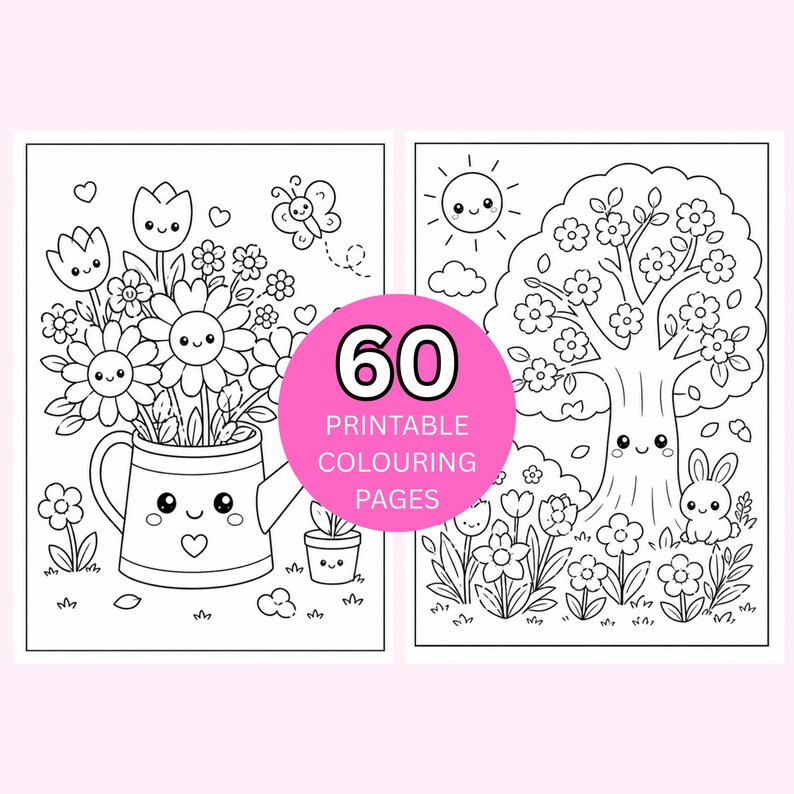 May include: Two black and white coloring pages with cute illustrations. One page features flowers in a watering can, the other a tree and bunny. A pink circle in the center reads "60 Printable Colouring Pages".