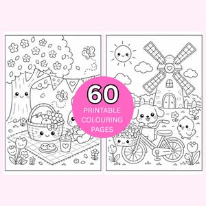 May include: Two-page spread of printable coloring pages. One page shows a picnic scene with a basket of fruit and a tree. The other page features a windmill and a dog riding a bicycle. A pink circle reads "60 Printable Coloring Pages."