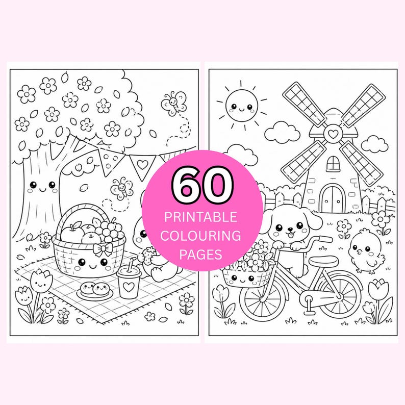 May include: Two-page spread of printable coloring pages. One page shows a picnic scene with a basket of fruit and a tree. The other page features a windmill and a dog riding a bicycle. A pink circle reads "60 Printable Coloring Pages."