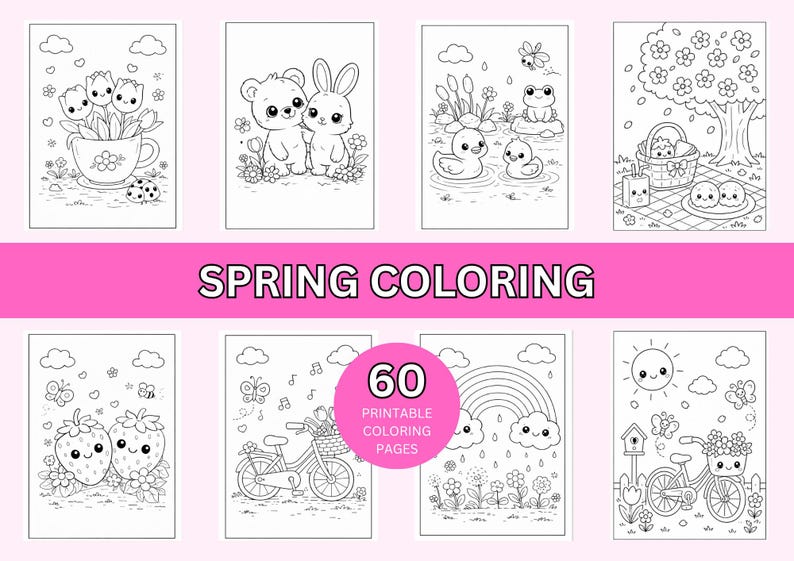 May include: A collection of 8 black and white spring-themed coloring pages. The pages feature various illustrations, including flowers, animals, and scenes with text that reads "SPRING COLORING" and "60 PRINTABLE COLORING PAGES".