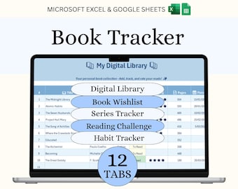 Hoja de cálculo para el seguimiento de libros, registro de lectura en Excel y Google Sheets, planificador de biblioteca digital, registro de lectura, diario de lectura, reto de lectura.