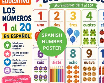 Póster de números en español del 1 al 20 para imprimir, póster educativo en español, pósteres para la educación en casa en español, pósteres educativos en español, descarga en PDF