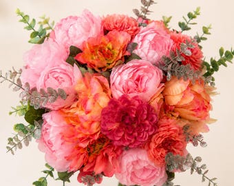 Coral Sunset Bridal Bouquet, Peach Coral Pink Wedding Flowers, Faux Peony Bouquet, Romantic Garden Wedding, Summer Bride