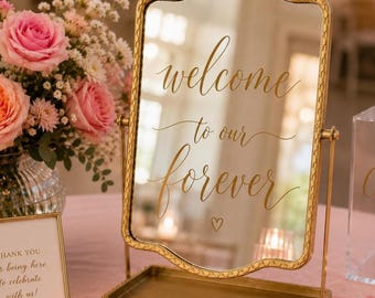 Espejo de bienvenida personalizado para bodas, espejo de bienvenida con marco dorado, decoración de boda personalizada, señalización para la recepción, recuerdo de boda