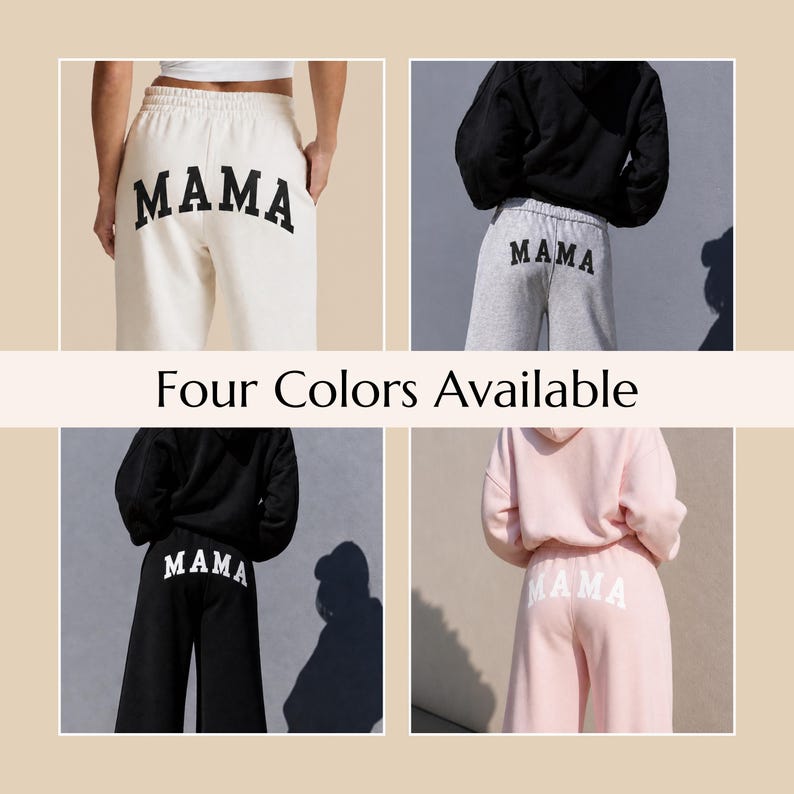 Mama sweatpants wide leg relaxed fit cozy mom outfit, white mama lounge pants aesthetic, gift for new mom or postpartum outfit, soft cotton sweatpants for moms, comfortable everyday loungewear, minimal neutral style mom clothes, airport travel outfit for moms, cute and comfy mama sweats