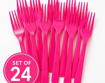 Hot Pink Plastic Forks Set of 24 Pink Party Utensils Plastic Forks for Birthday Party Girls Party Decor Pink Black Party Supplies Cake Forks