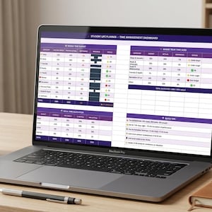 Puede incluir: Un portátil muestra un panel de control de planificador de vida estudiantil con tablas moradas y blancas. Una taza de café, un bolígrafo y un cuaderno están sobre el escritorio de madera. También hay una pequeña suculenta y una tarjeta que dice "Student Life Planner".