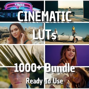 May include: A collage of images with the text "CINEMATIC LUTS 1000+ Bundle Ready To Use". The images include a retro diner, people, a convertible car, and palm leaves. The color palette is vibrant and varied.