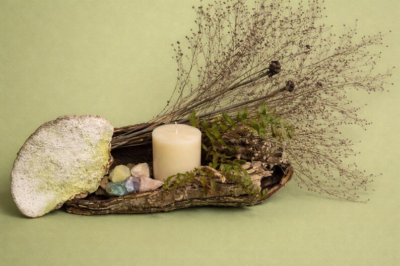 Puede incluir: Arreglo decorativo r&uacute;stico con una vela gruesa de color crema, peque&ntilde;os cristales coloridos y plantas secas. Los elementos est&aacute;n dispuestos en un trozo de corteza, con una piedra grande y texturizada a la izquierda. Fondo verde claro.