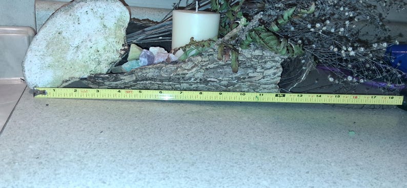 Puede incluir: Un centro de mesa decorativo de madera con textura de corteza natural, con una vela blanca, flores secas y cristales de colores. El centro de mesa mide aproximadamente 46 cm de largo, medido con una cinta m&eacute;trica amarilla.