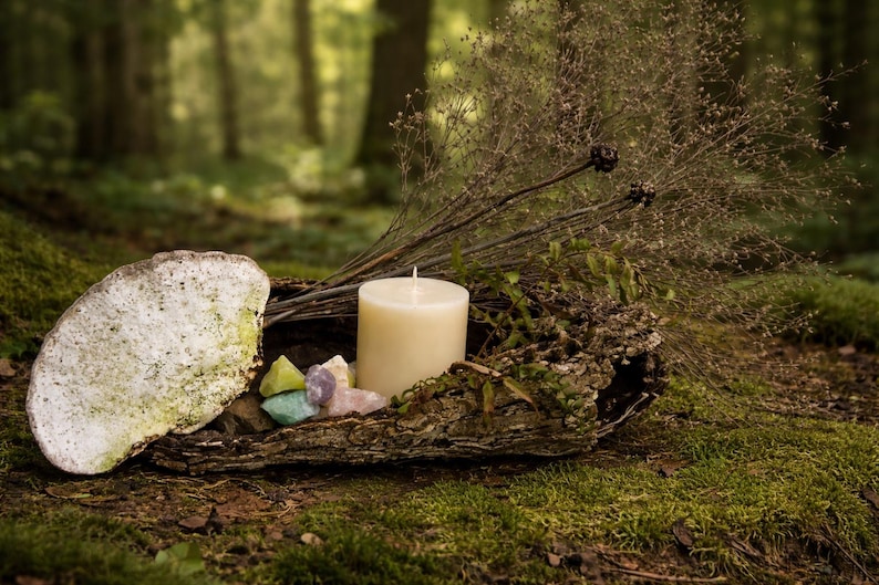 Puede incluir: Arreglo natural con una vela de pilar crema, cristales coloridos y follaje seco en un recipiente de madera r&uacute;stico. Una piedra grande y texturizada se encuentra a la izquierda, todo sobre un fondo de bosque borroso.