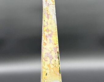 Vase vintage en forme de bouton d'art en verre chiné, décor fuselé jaune rose